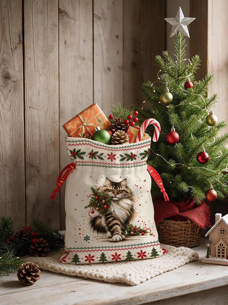 Charming Christmas Cat Reusable Drawstring Gift Bag
