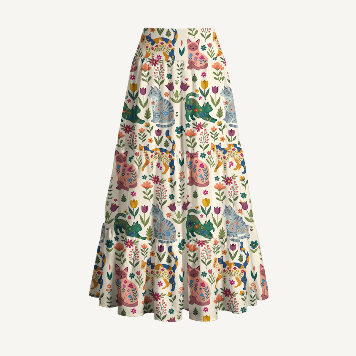 Cute Flower Cat Print Convertible Maxi Skirt & Strapless Dress  