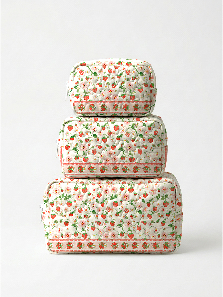 Strawberry Meadow Print Cloud Quilted Cosmetic Pouch