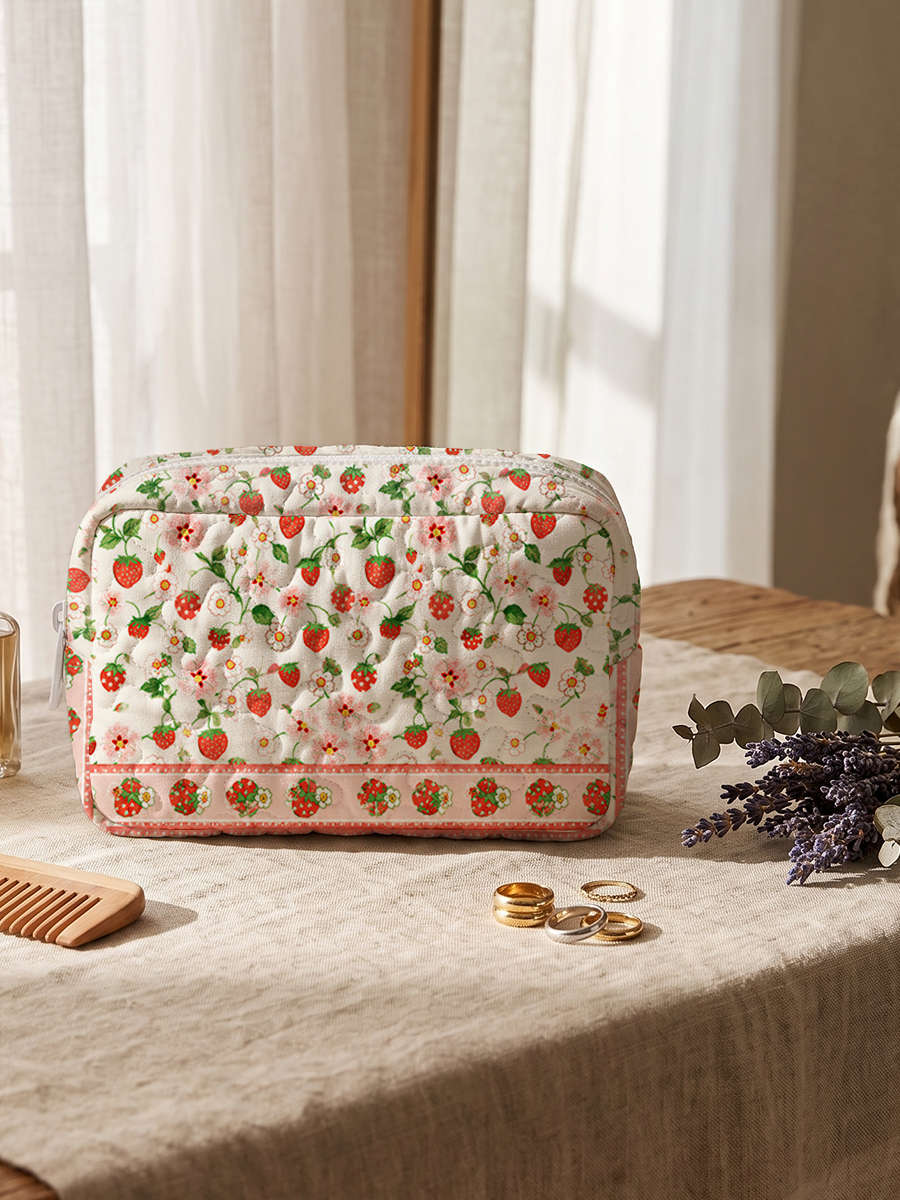 Strawberry Meadow Print Cloud Quilted Cosmetic Pouch