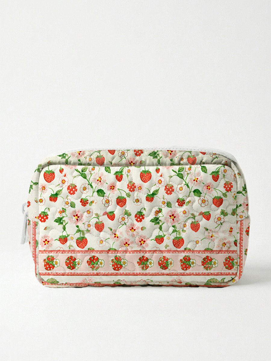 Strawberry Meadow Print Cloud Quilted Cosmetic Pouch