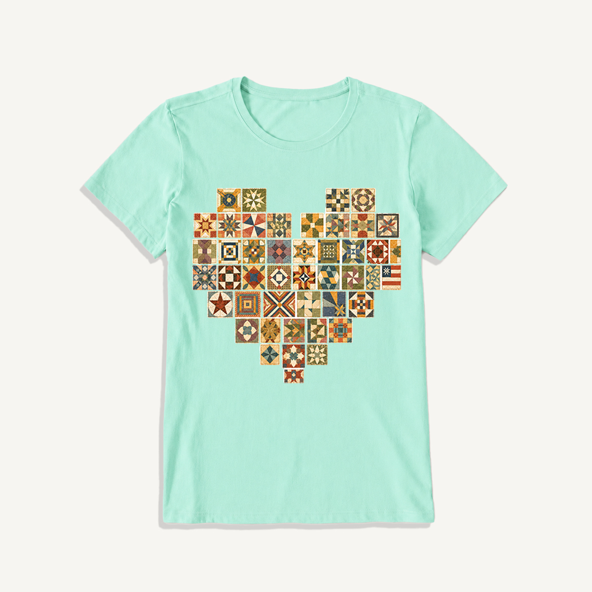 Vintage Quilt Block Heart Print Crew Neck Cotton Tee