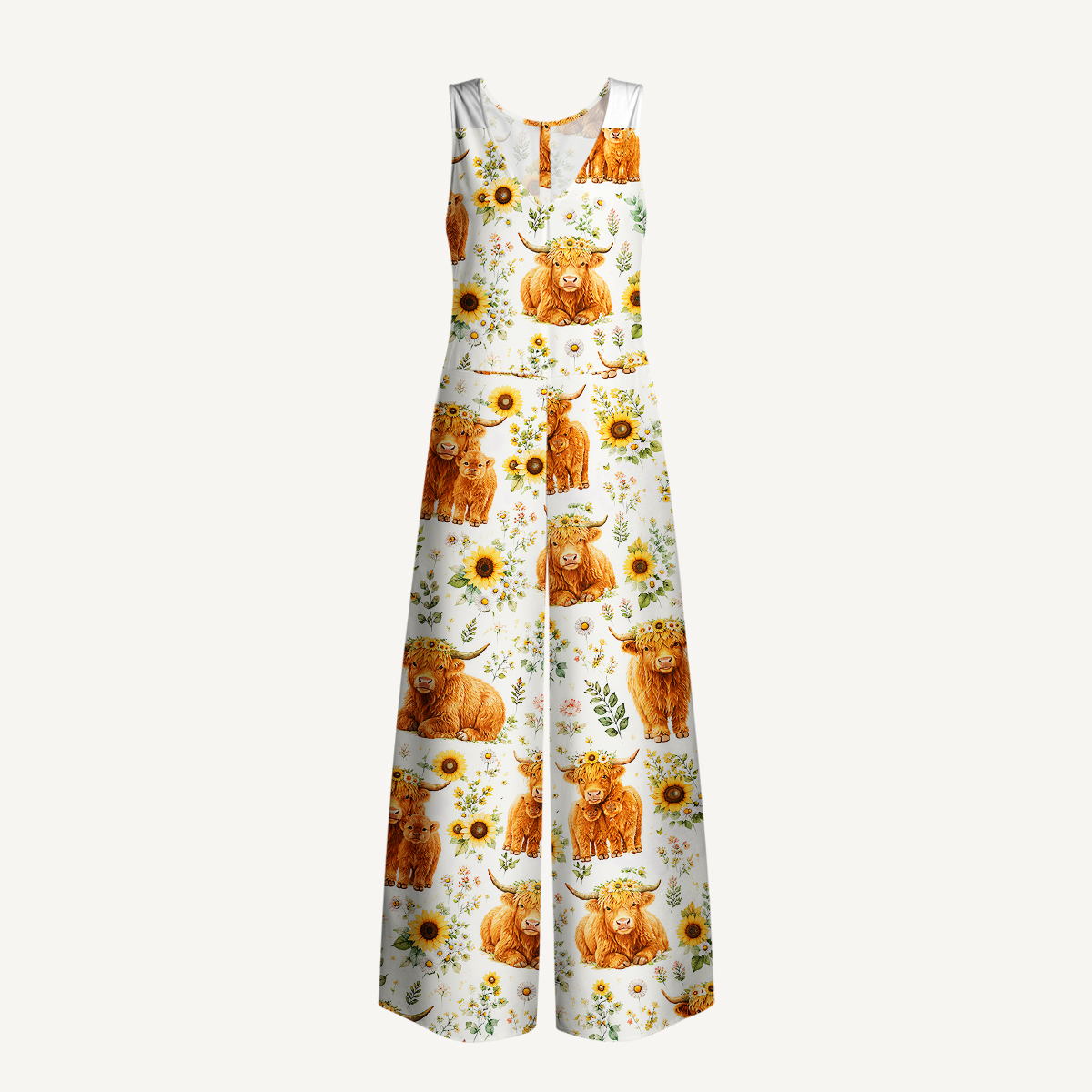 Spring Highland Cow Floral Print Jumpsuit with Pockets for Women