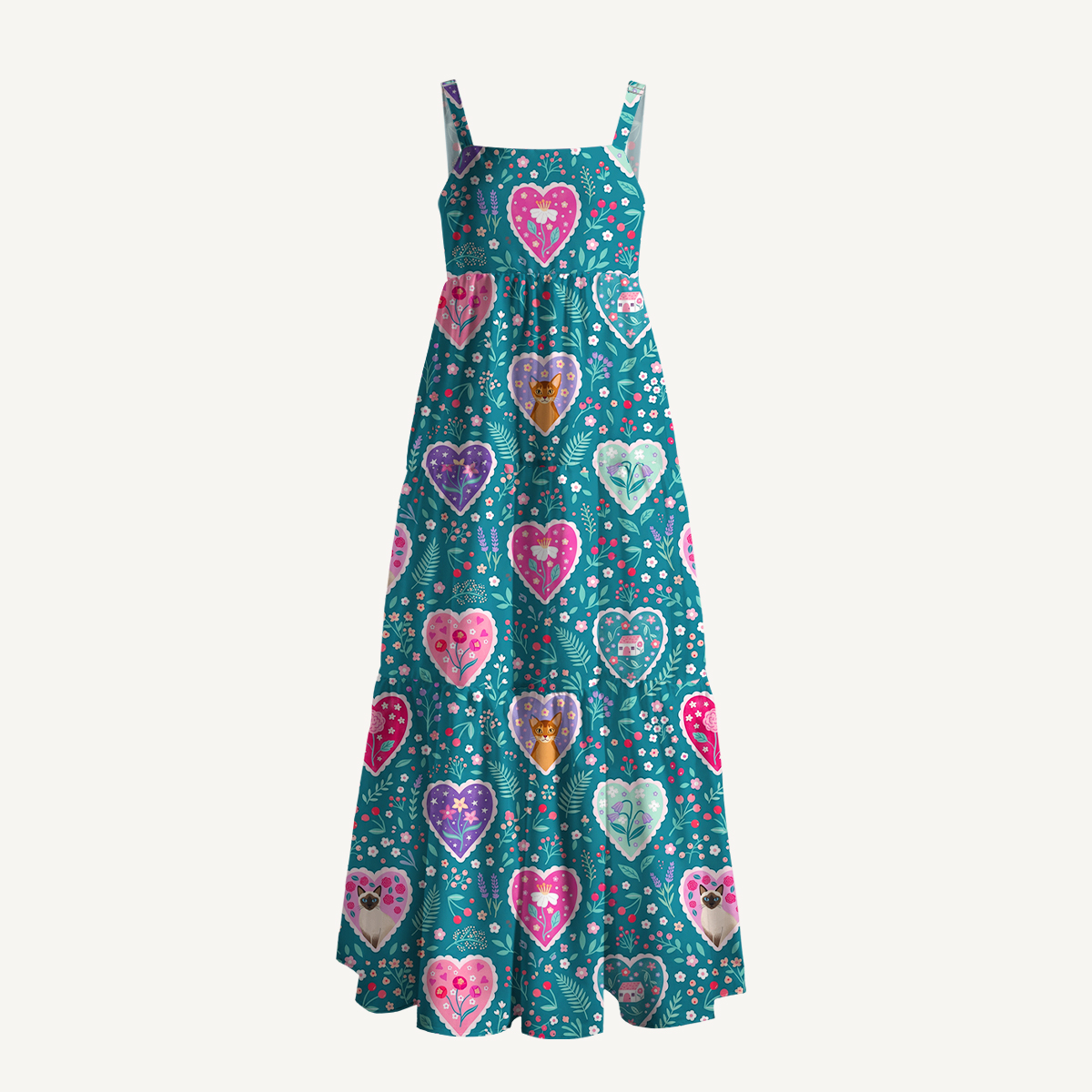 Woodland Hearts Cat Print Wide Straps Maxi Dress With Pockets