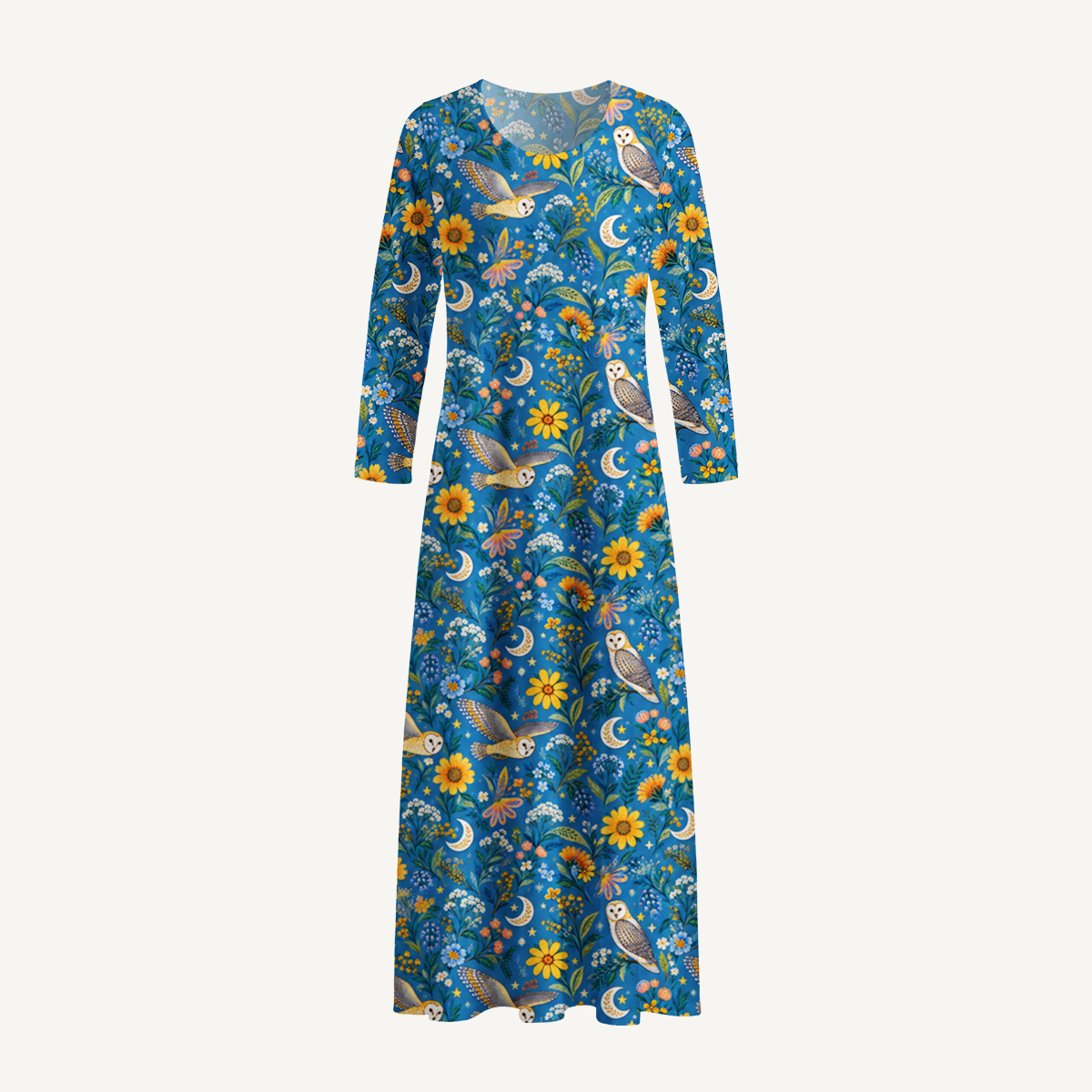 Moonlit Owl & Wildflowers Print Soft-Touch Stretch Knit Long Sleeve Maxi Dress with Pockets