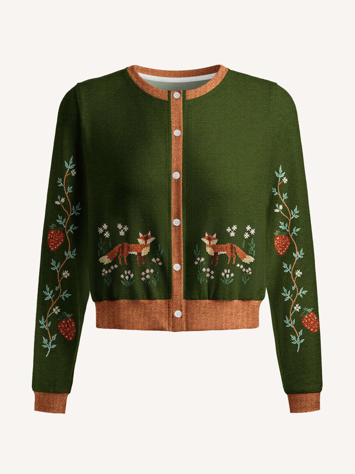 Whimsical Woodland Fox & Strawberry Print Fine‑Knit Cardigan