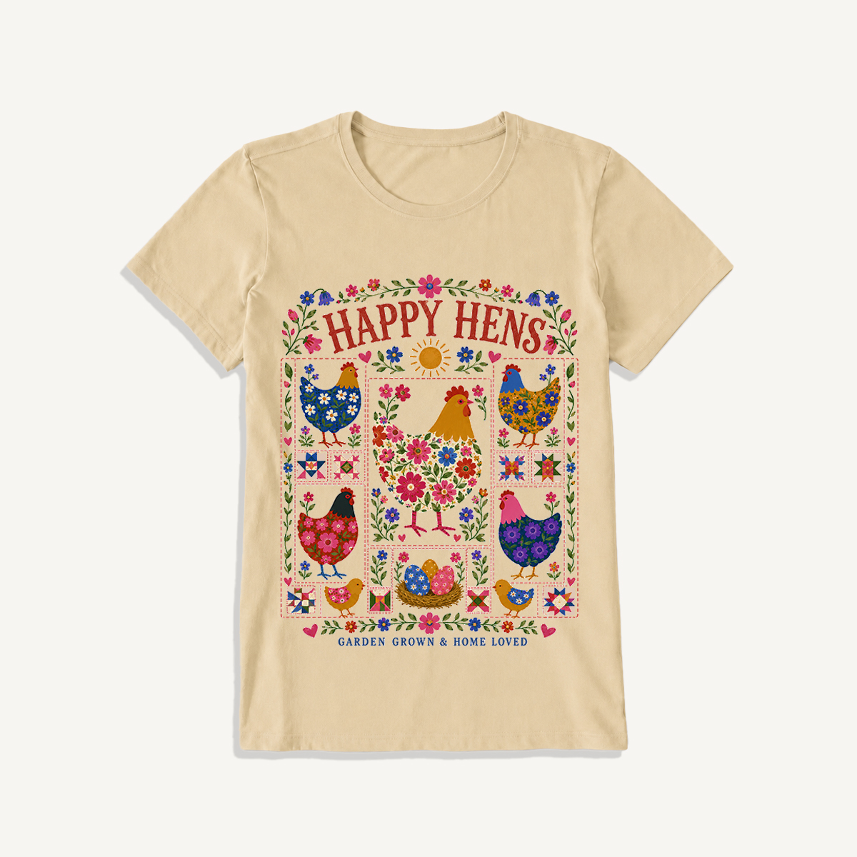 Happy Hens Floral Patchwork Print Crew Neck Cotton Tee