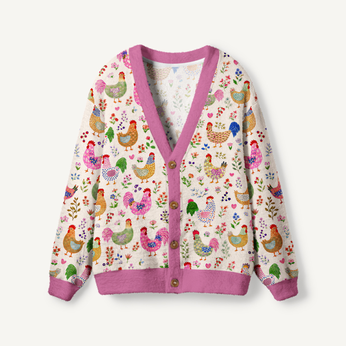 Colorful Farm Chickens Print Ugly Cardigan Sweaters
