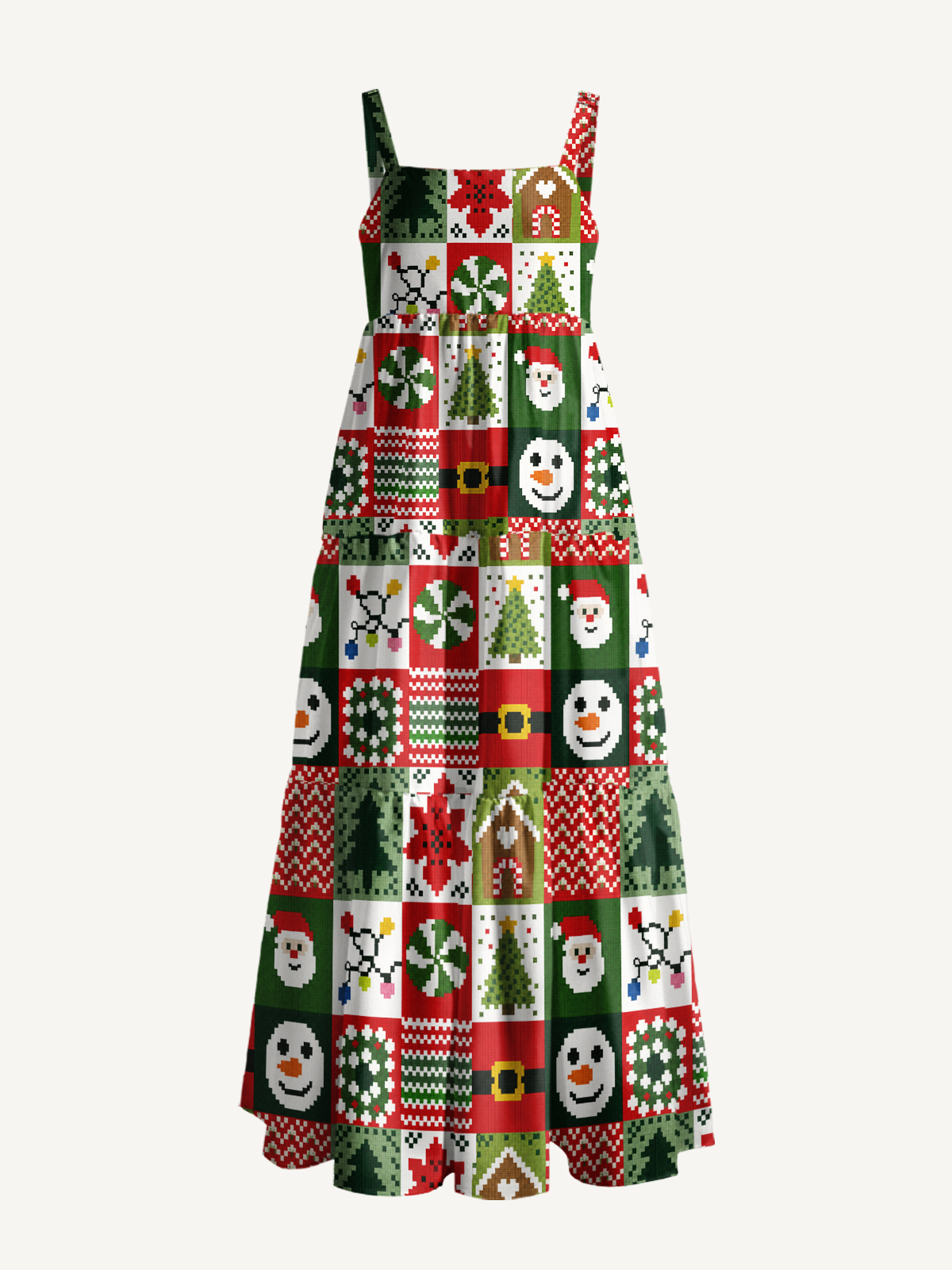 Cozy Christmas Patchwork Print Wide Straps Maxi Dress With Pockets