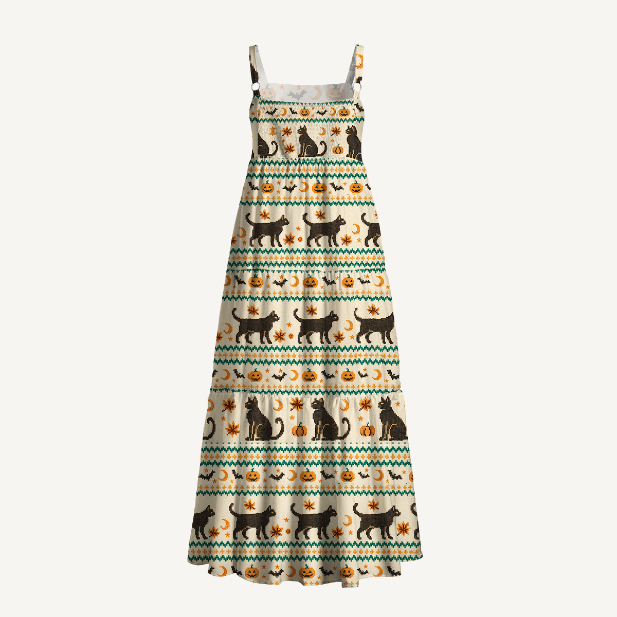 Halloween Cat Pumpkin Bat Straps Maxi Dress With Pockets
