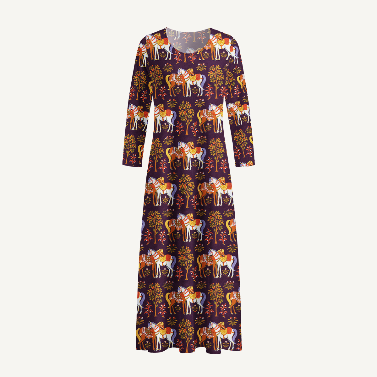 Bohemian Equestrian Horse Long Sleeve Maxi Dress with Pockets