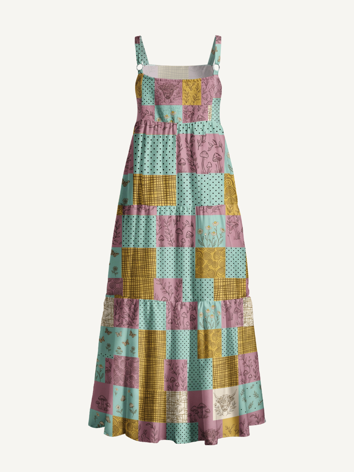 Vintage Patchwork Botanical Print Wide Straps Maxi Dress With Pockets
