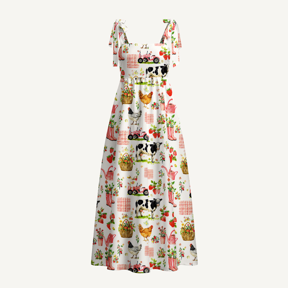 Watercolor Pink Farm Chicken Print Bow Strap Maxi Dress