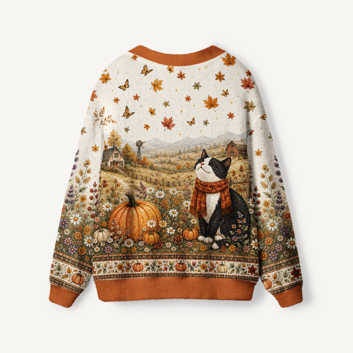 Autumn Pumpkin Field Black Cat Print Ugly Cardigan Sweaters