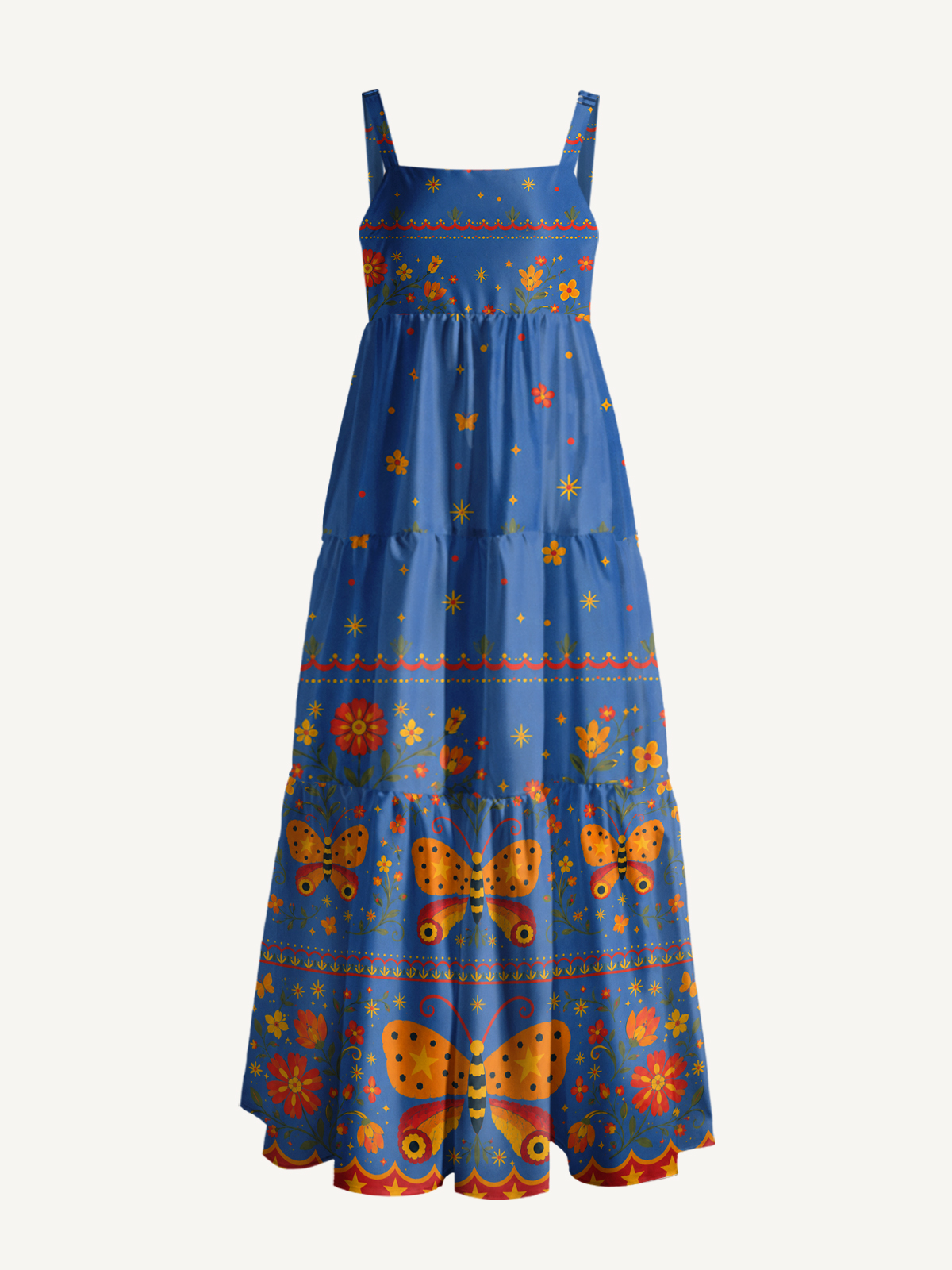 Starlit Butterfly Bloom Print Wide Straps Maxi Dress With Pockets