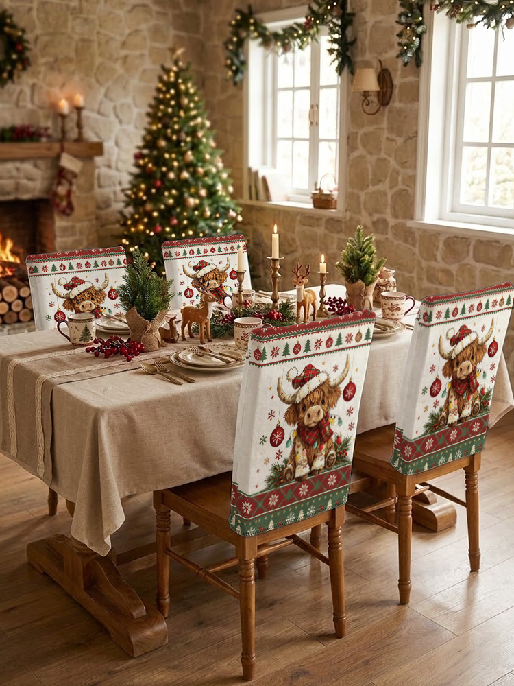 Highland Christmas Cow Print Dining Chair Back Covers