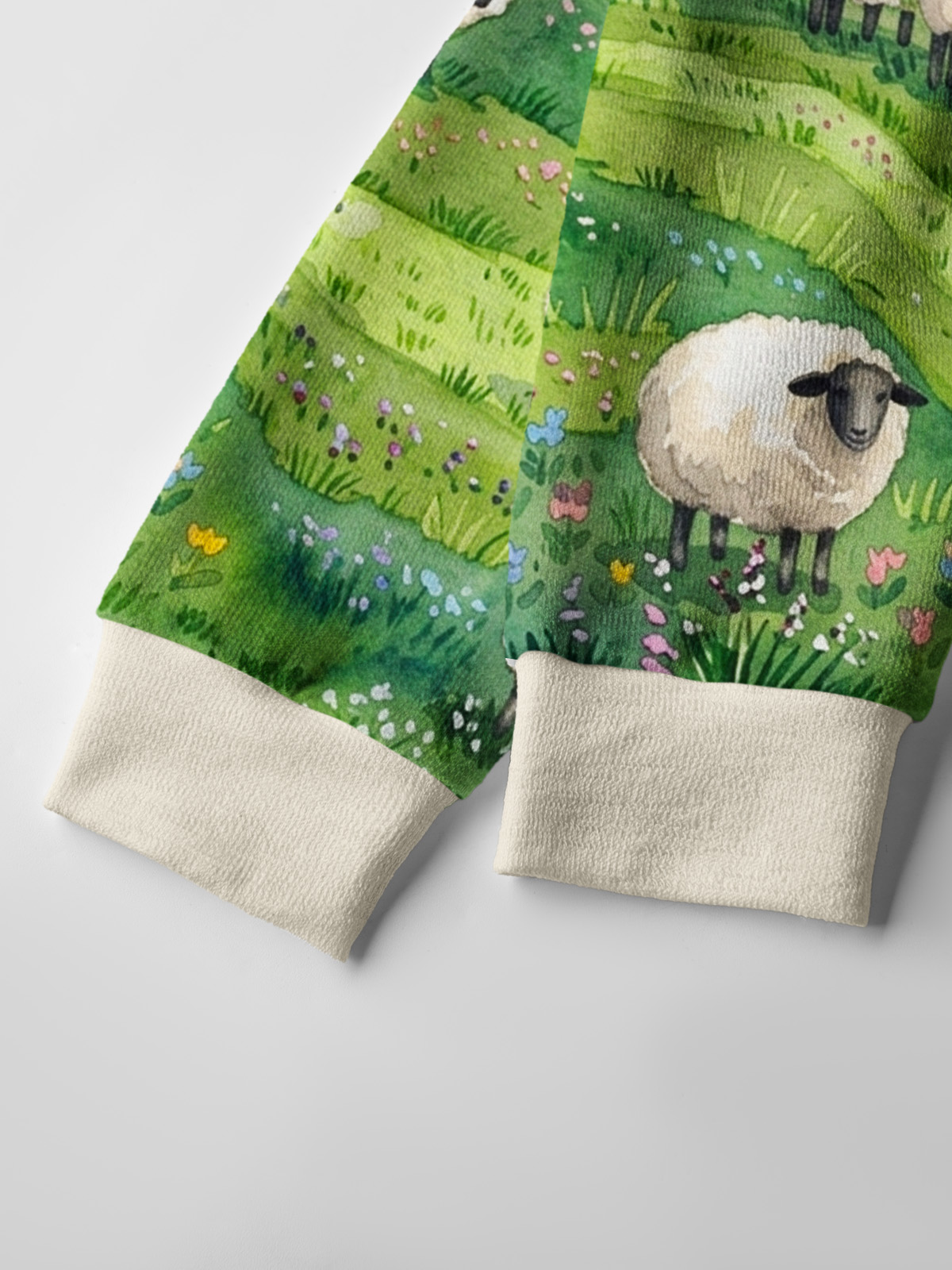 Lightweight Crew Neck Long‑Sleeve Cropped Spring Meadow Sheep and Blossoms Landscape Print Fine‑Knit Cardigan