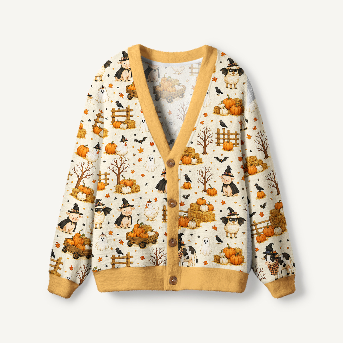 Halloween Farm Friends Print Ugly Cardigan Sweaters