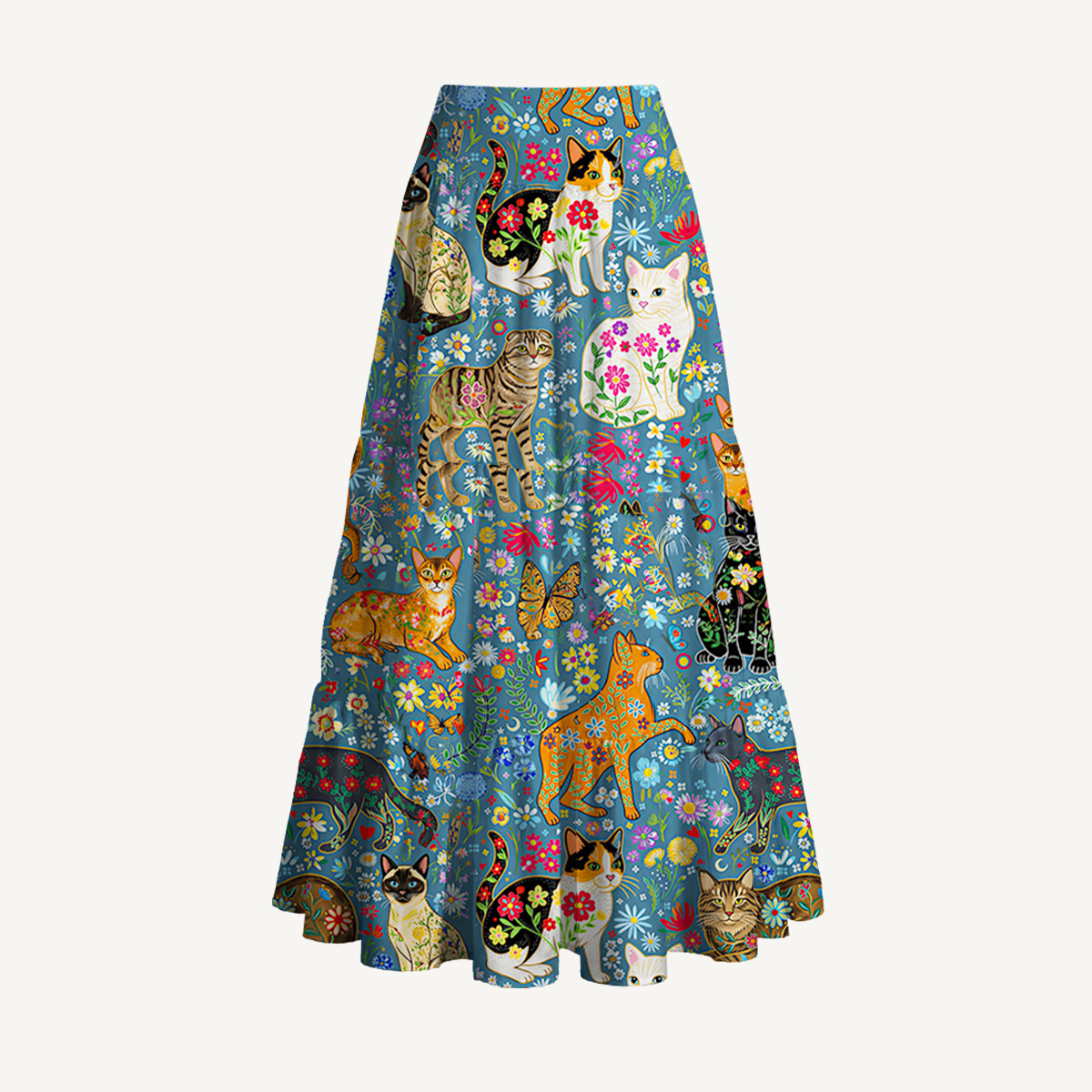 Colorful Garden Cat Print Maxi Skirt