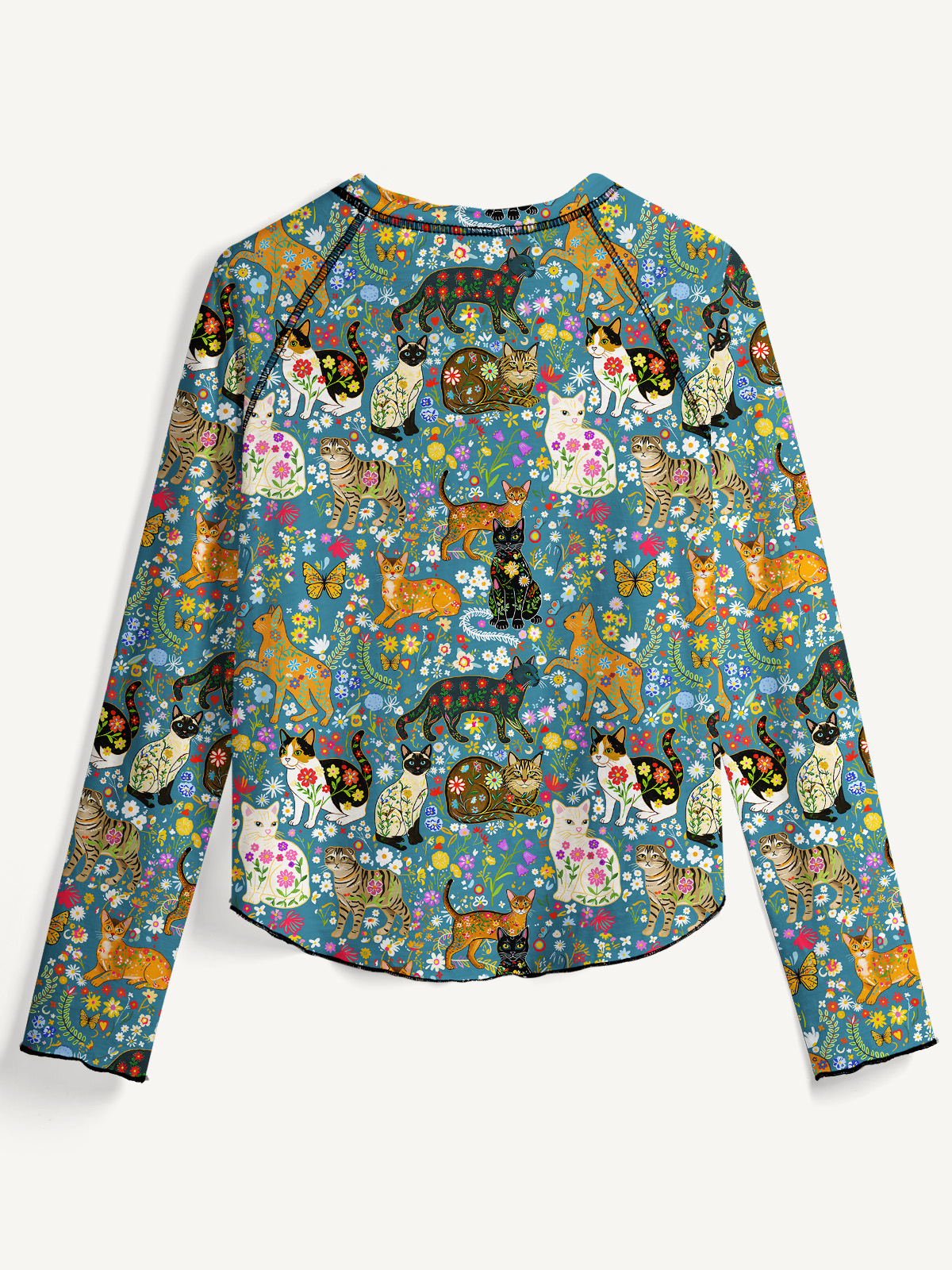 Colorful Garden Cat All-Over Print Cotton Raglan Long Sleeve Top