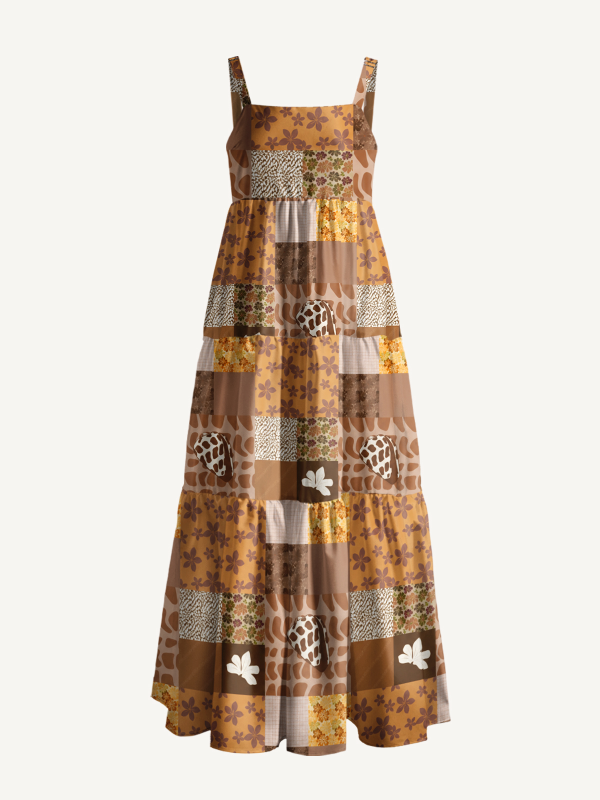 Cocoa Shell Patchwork Print Wide Straps Maxi Dress With Pockets