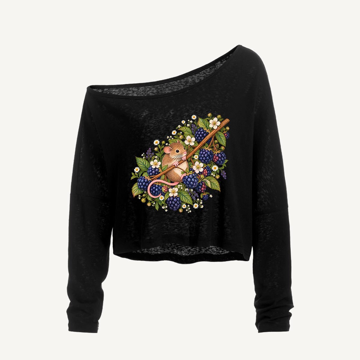 Woodland Blackberry Harvest Mouse Long Sleeve Off Shoulder T-shirt