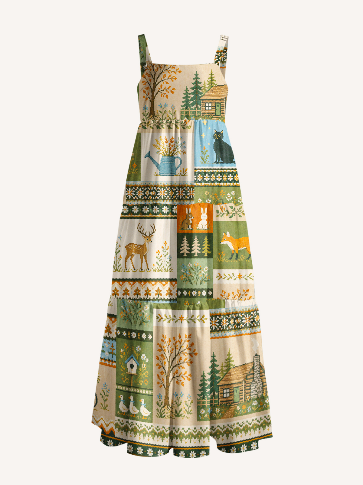 Forest Cabin Fox Garden Print Wide Straps Maxi Dress With Pockets