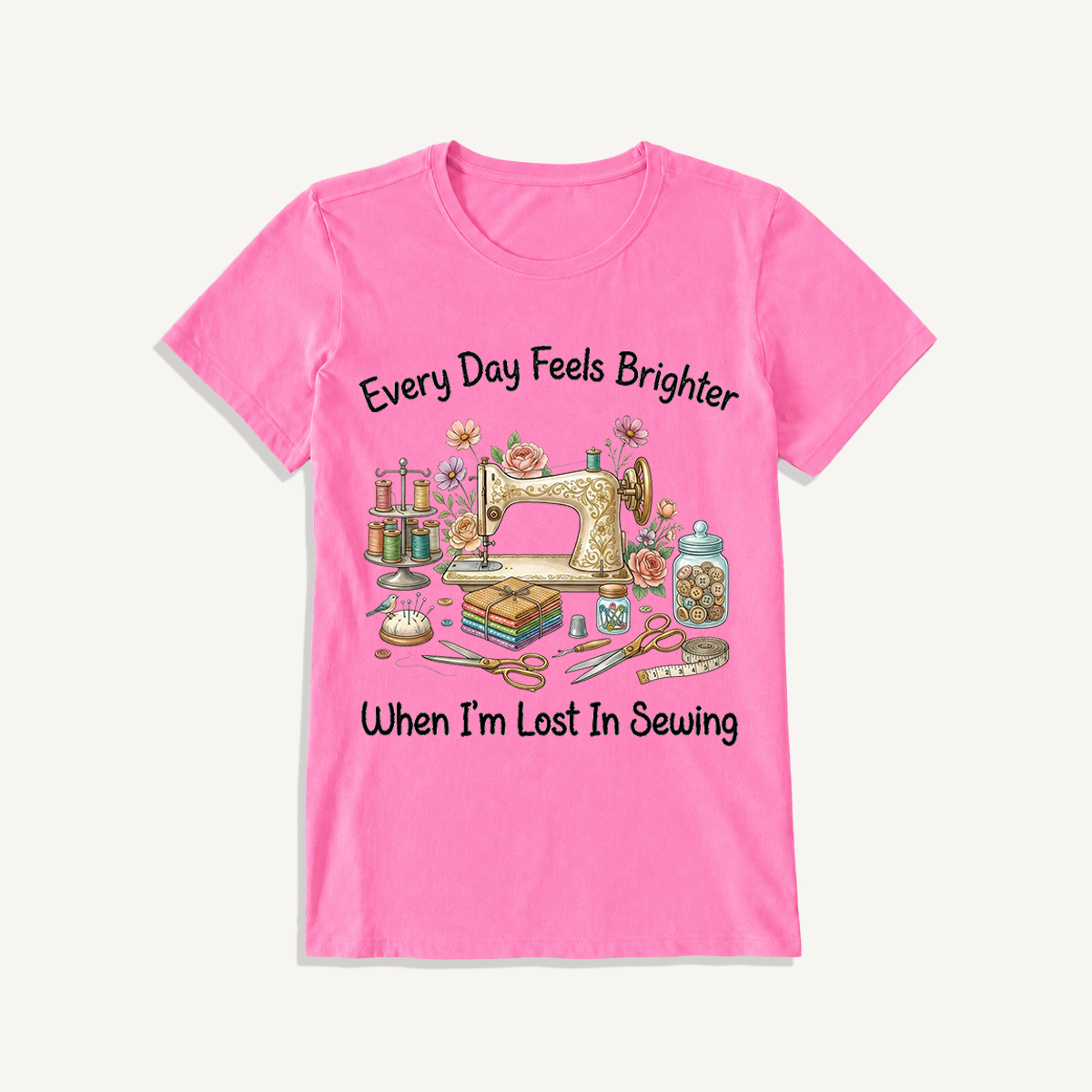 Lost in Sewing Joy Print Crew Neck Cotton Tee