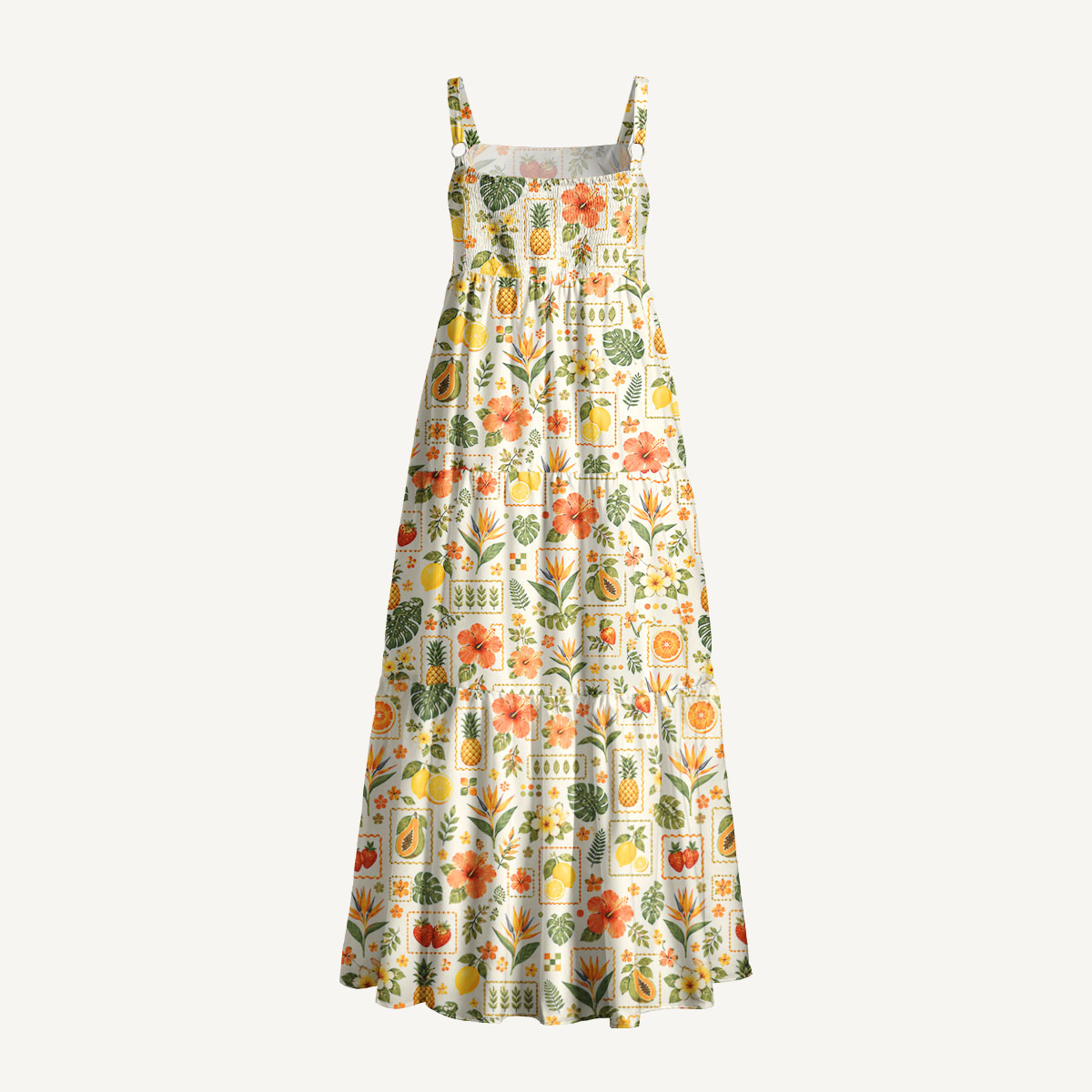 Tropical Citrus Stamp Collage Print Wide Straps Maxi Dress With Pockets