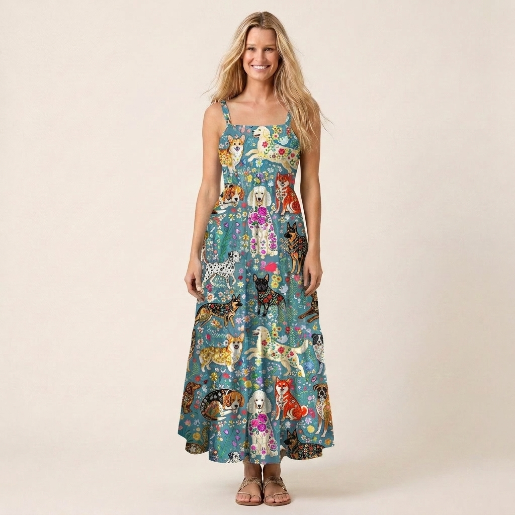 Cute Flower Dog Print Wide Straps Maxi Dress With Pockets