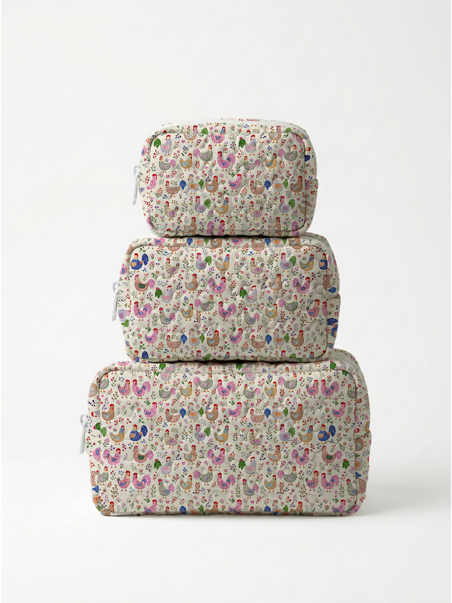 Colorful Farm Chickens Print Cloud Quilted Cosmetic Pouch