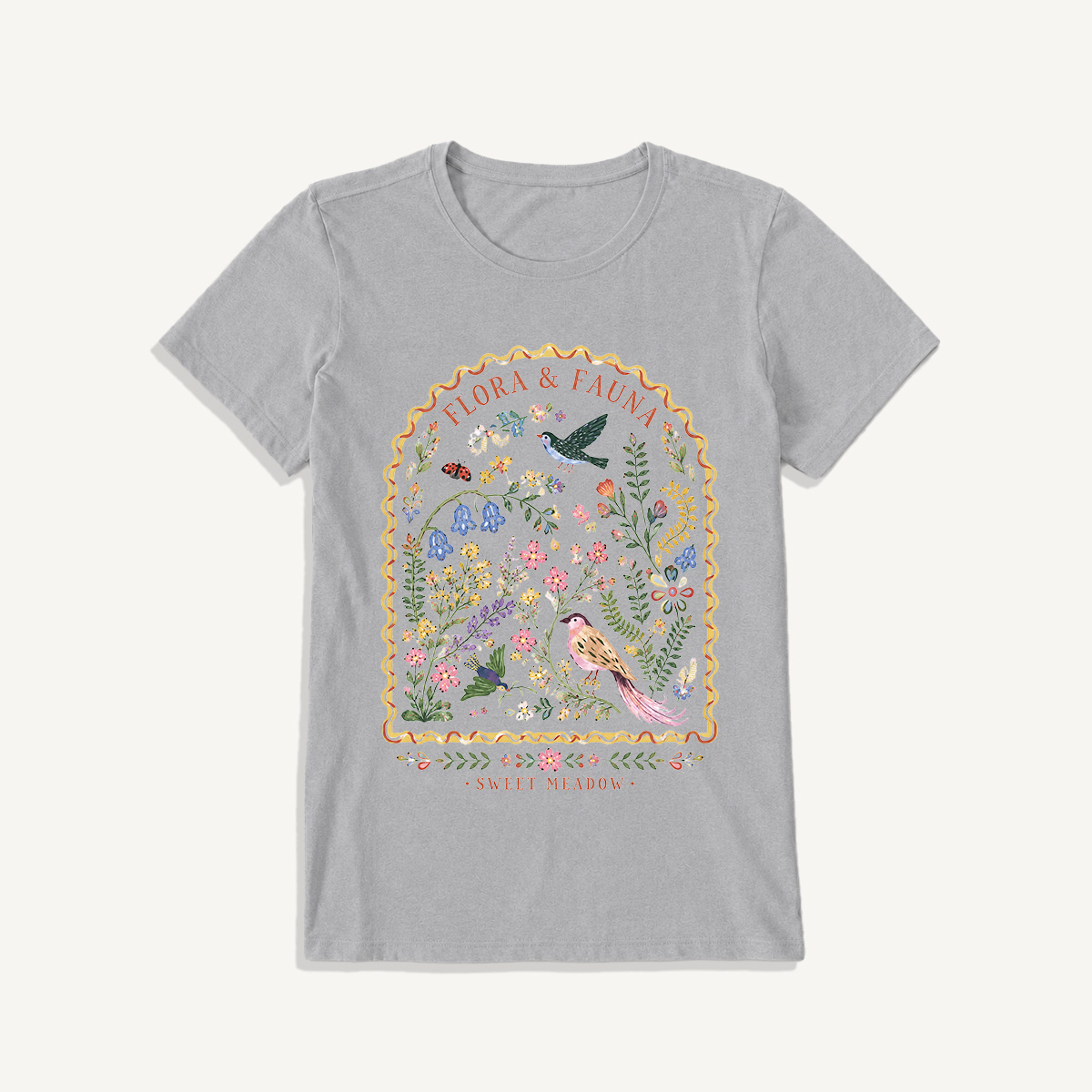 Folk Birds Sweet Meadow Print Crew Neck Cotton Tee