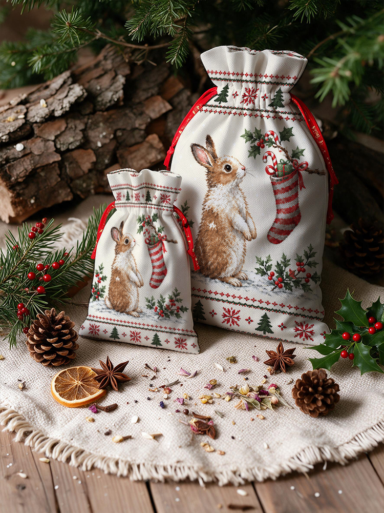 Cozy Christmas Bunny Reusable Drawstring Gift Bag