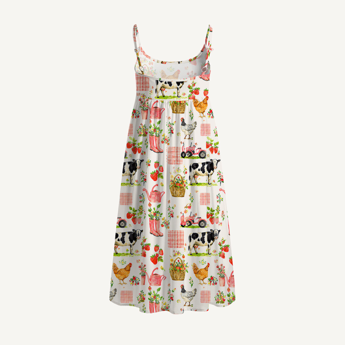 Watercolor Pink Farm Chicken Print Spaghetti Strap Mini Dress