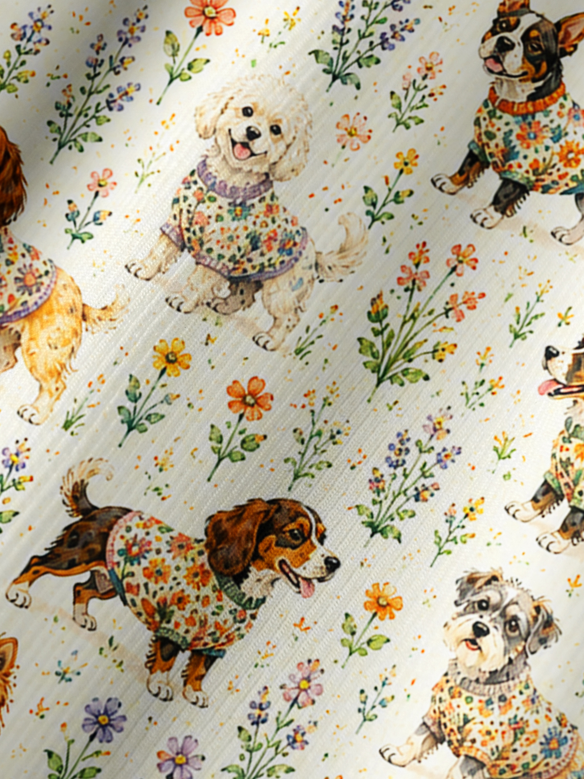 Cute Dog Garden Print Boho Long Sleeve Tie‑Neck Blouse