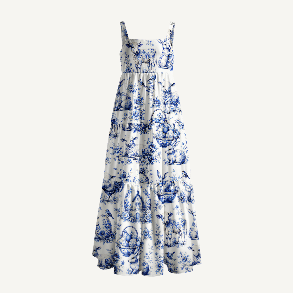  Delft Farm Print Wide Straps Maxi Dress With Pockets