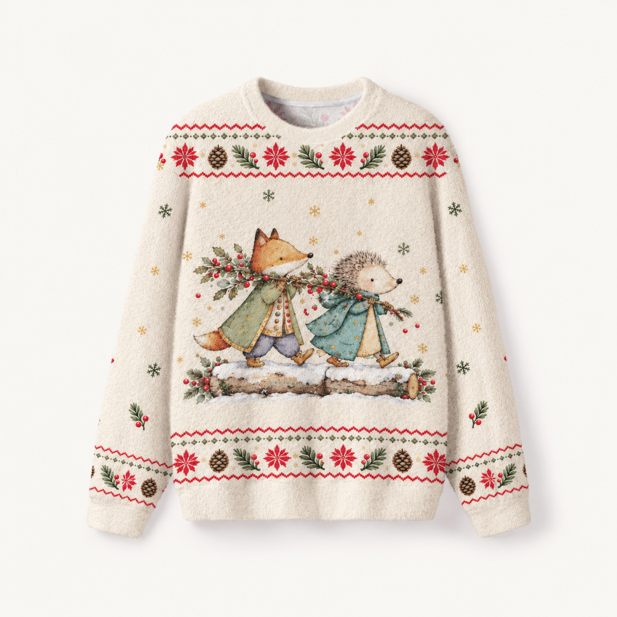 Christmas Fox & Hedgehog Fuzzy Crewneck Sweater