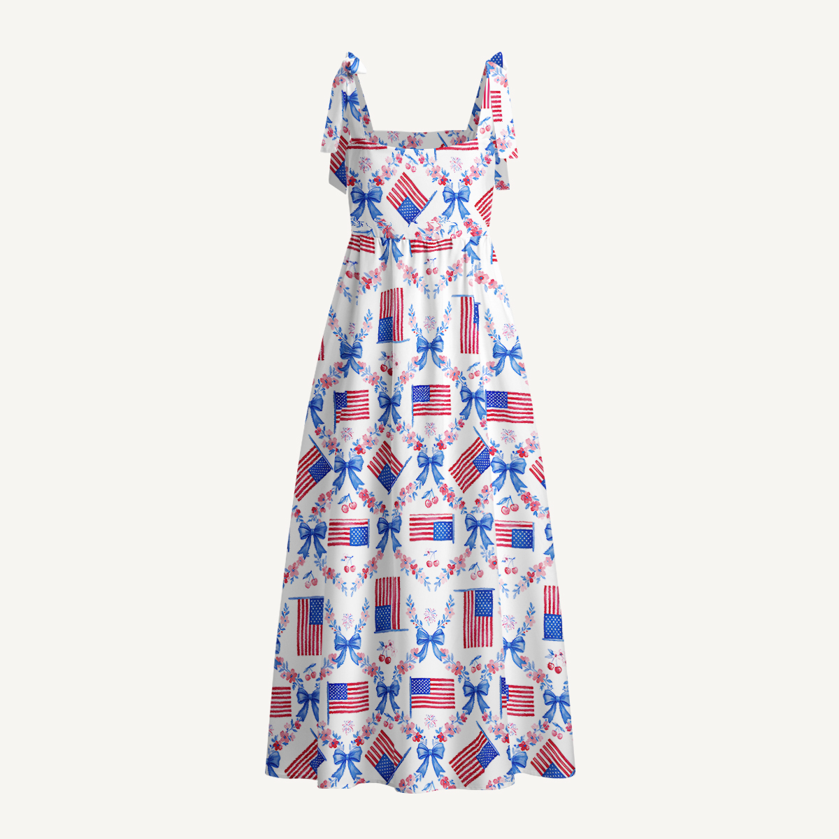 Patriotic Floral Print Bow Strap Maxi Dress