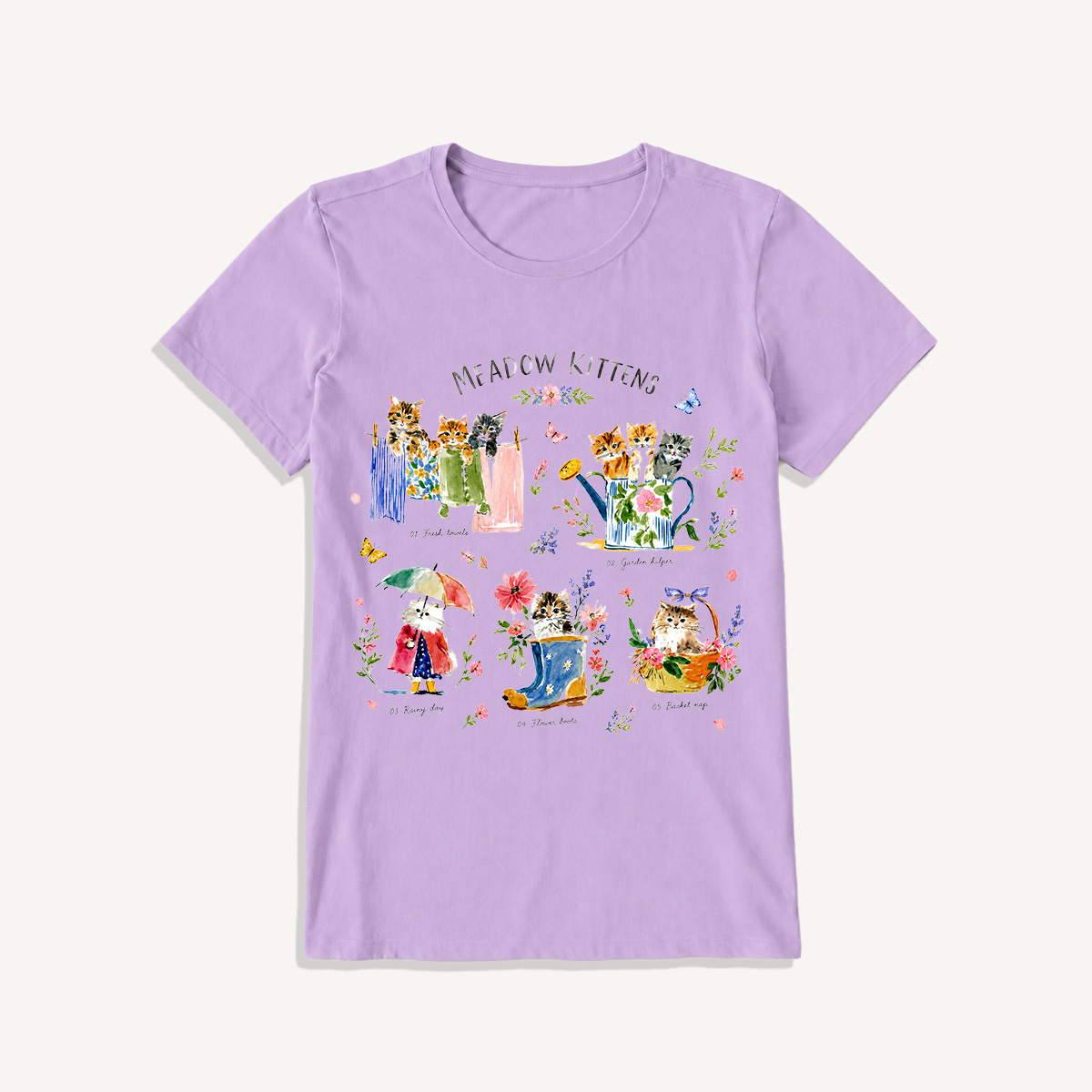 Watercolor Meadow Kittens Guide Print Crew Neck Cotton Tee