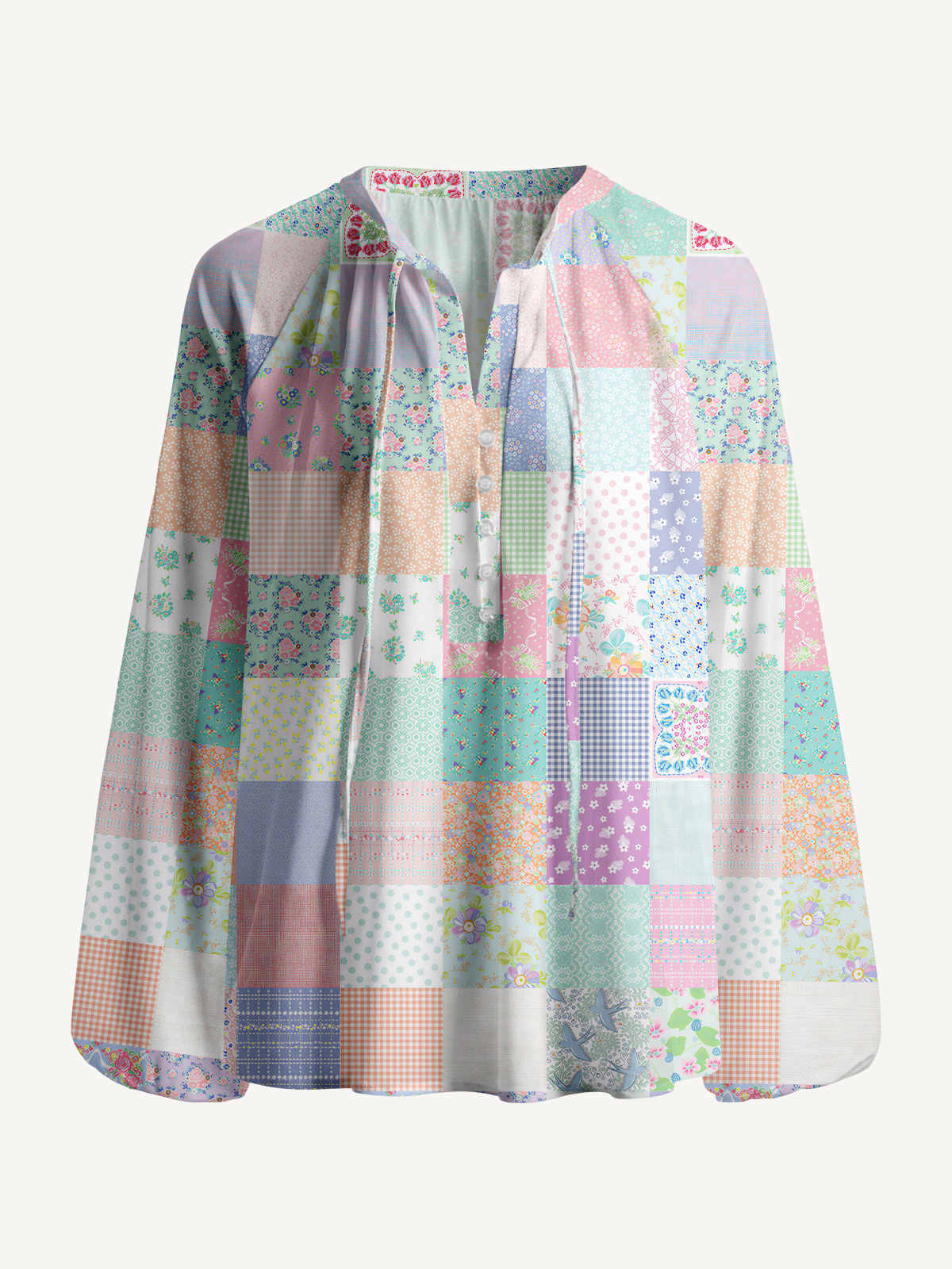 Vintage Quilt Patchwor Print Boho Long Sleeve Tie‑Neck Blouse