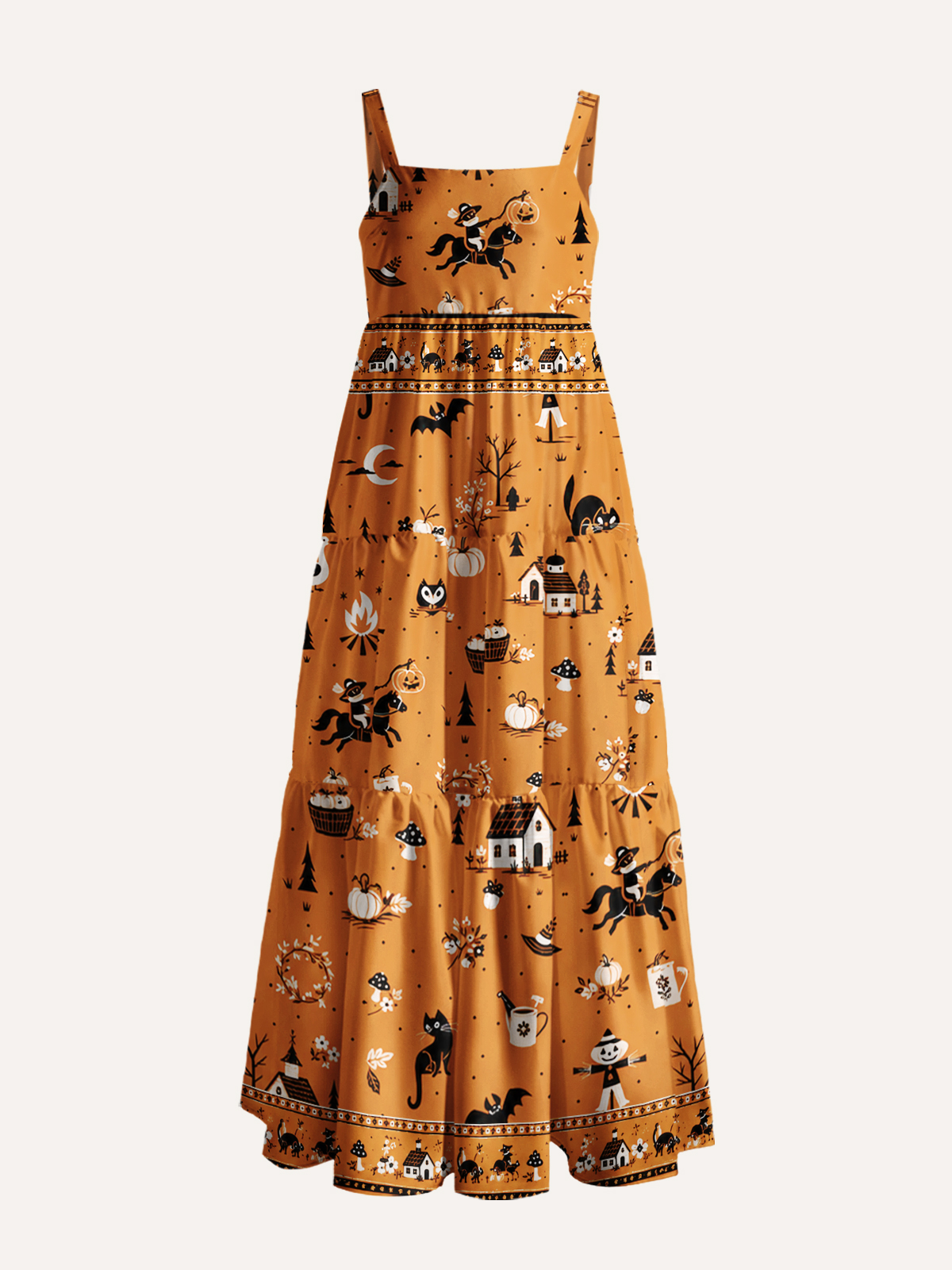 Moonlit Halloween Village Story Print Wide Straps Maxi Dress With Pockets
