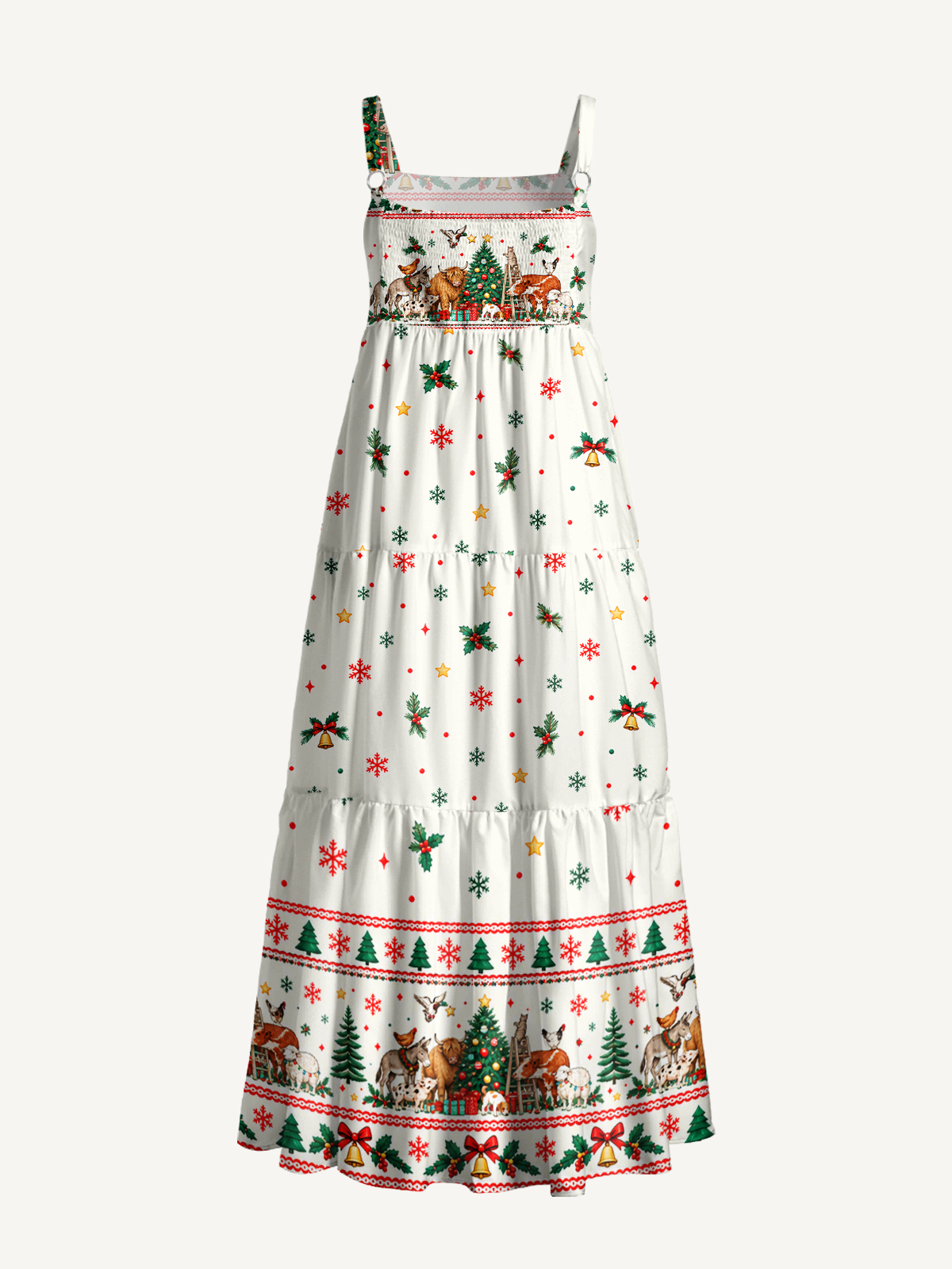 Christmas Farm Animals Print Wide Straps Maxi Dress With Pockets