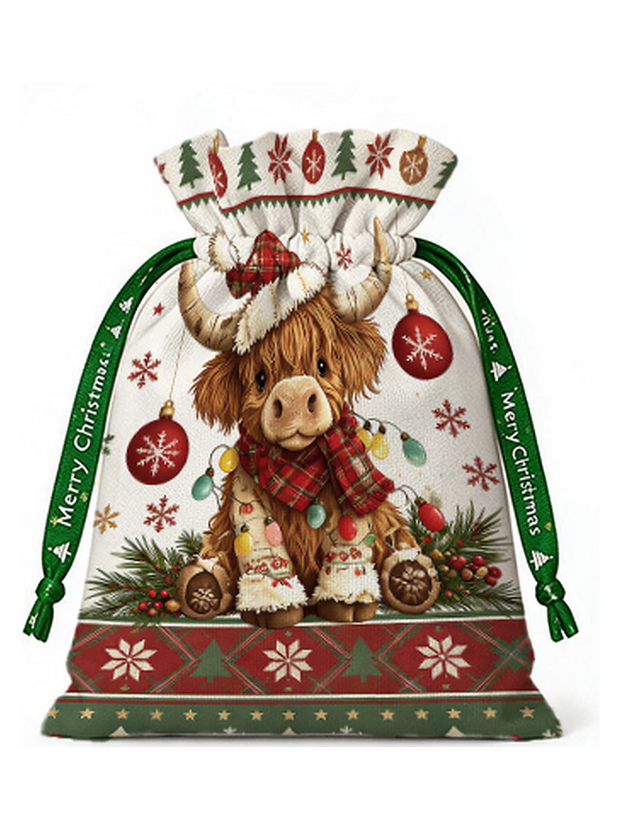 Highland Christmas Cow Reusable Drawstring Gift Bag