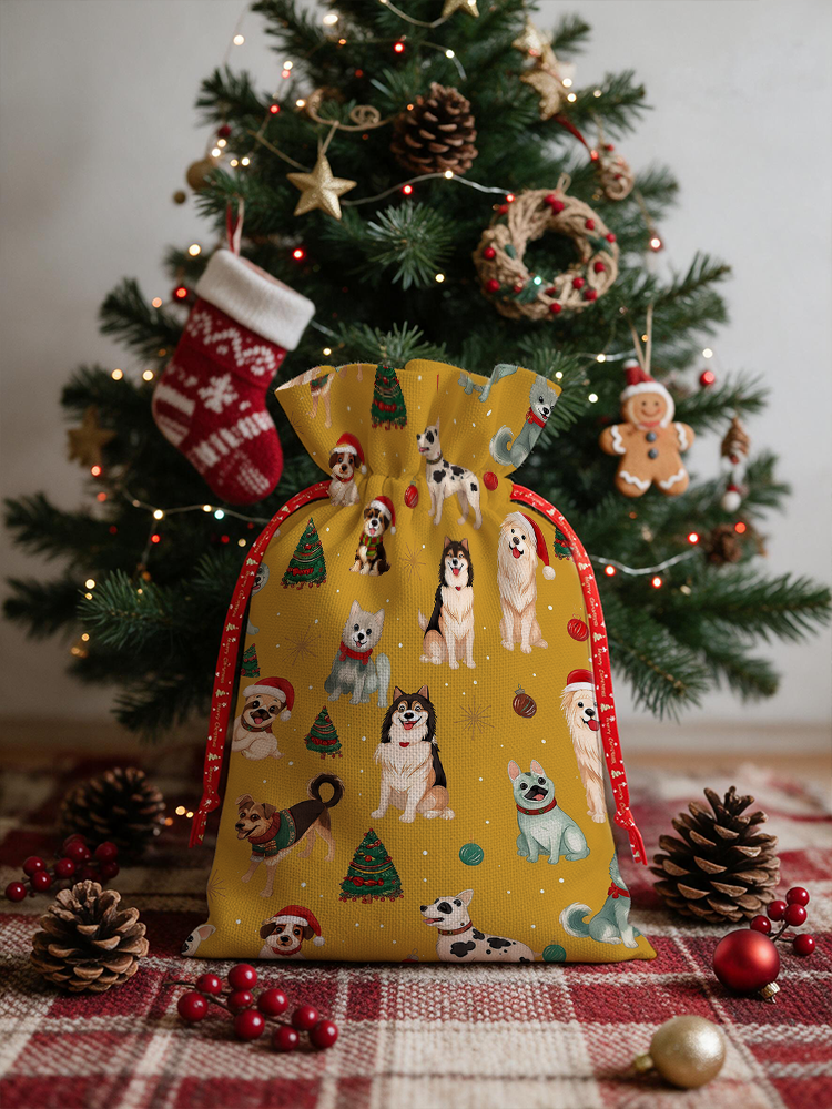 Christmas Puppies Holiday  Reusable Christmas Drawstring Gift Bag