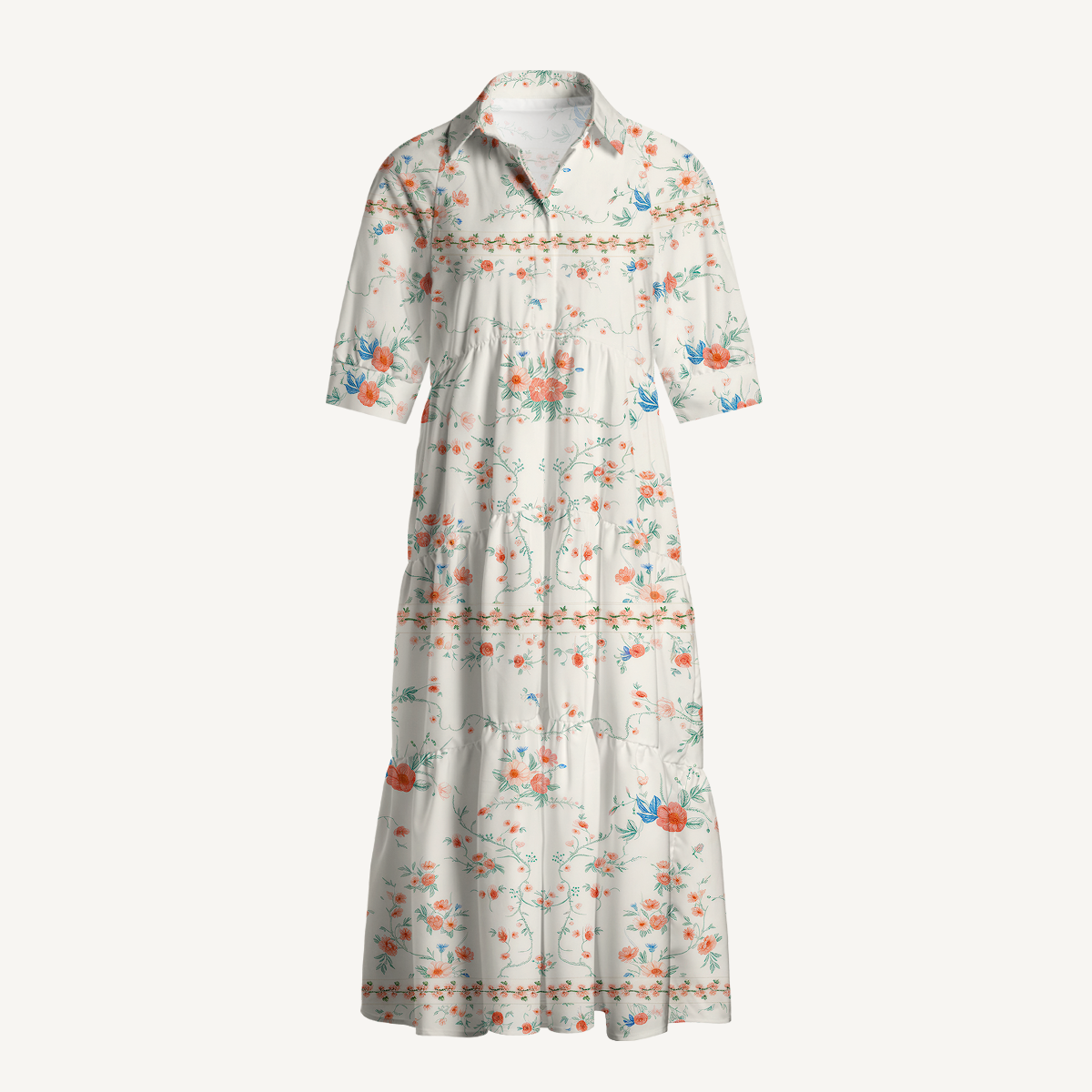 V Neck Collared Wild Bloom Casual Long Shirt Dress