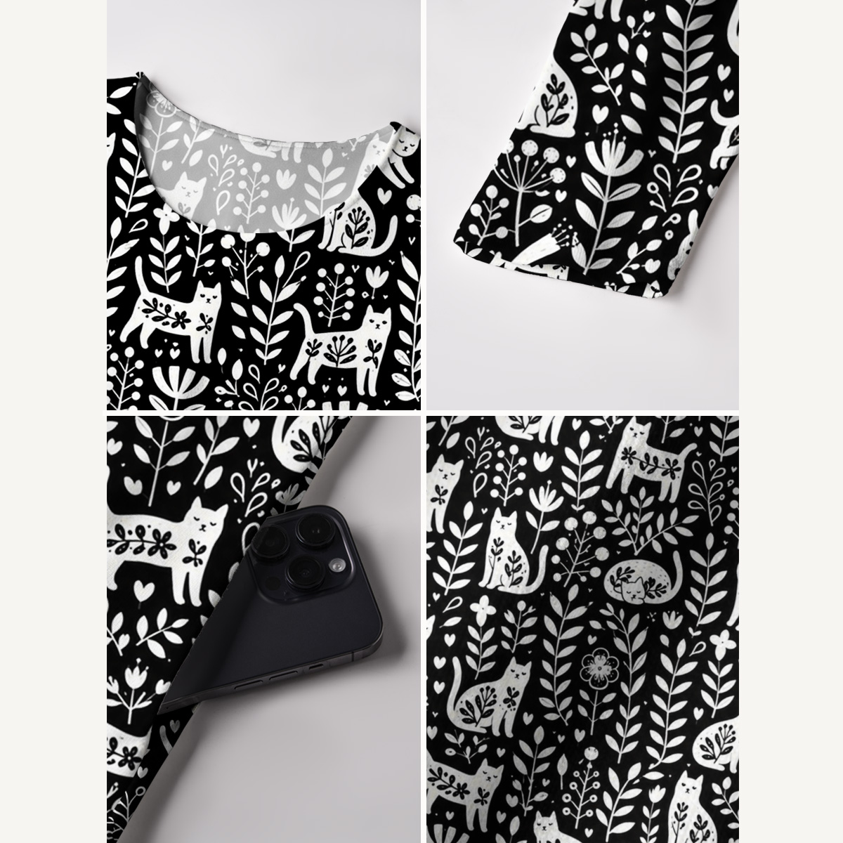 Floral Cats & Botanical Leaves Print Soft-Touch Stretch Knit Long Sleeve Maxi Dress with Pockets