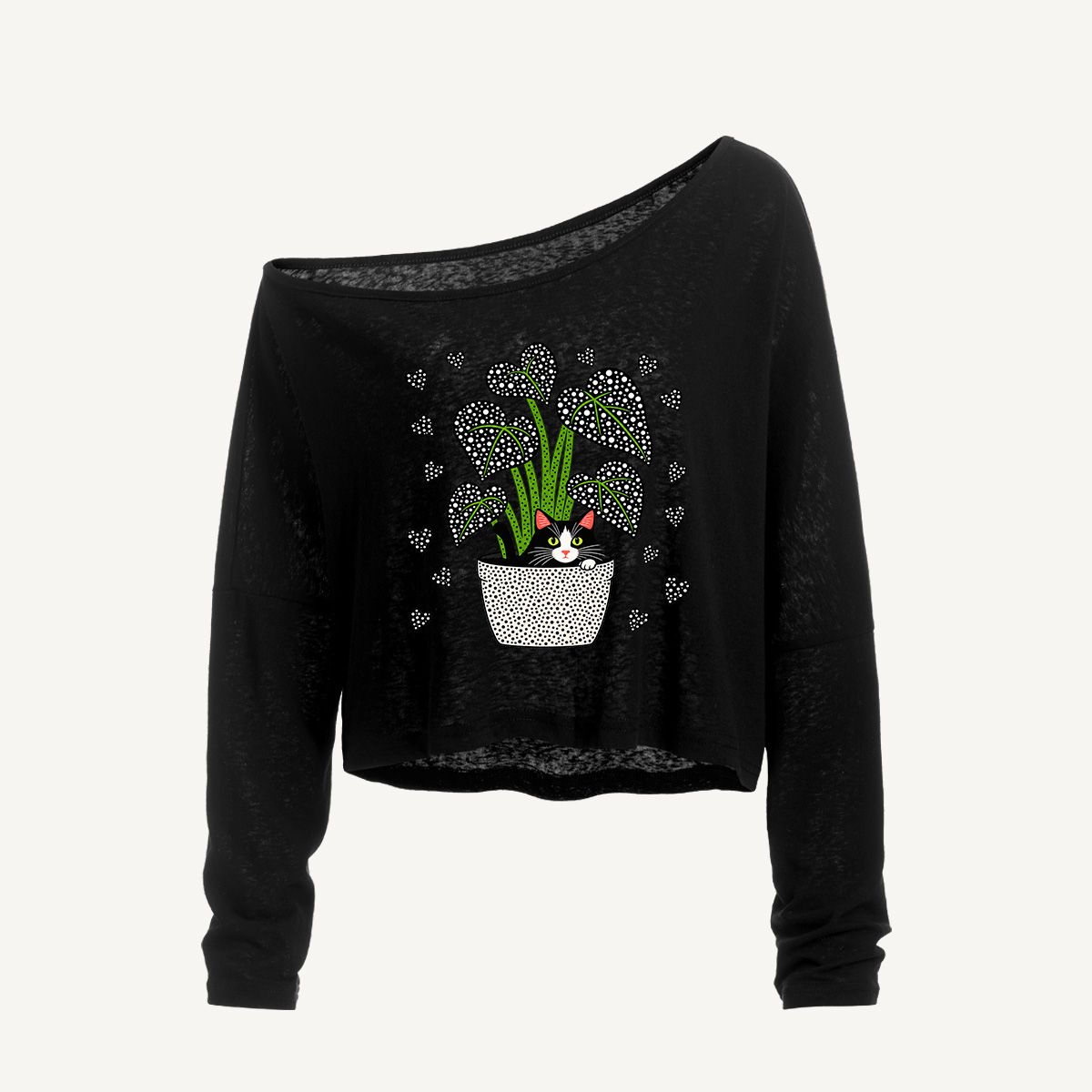 Polka Dot Plant Companion Long Sleeve Off Shoulder T-shirt