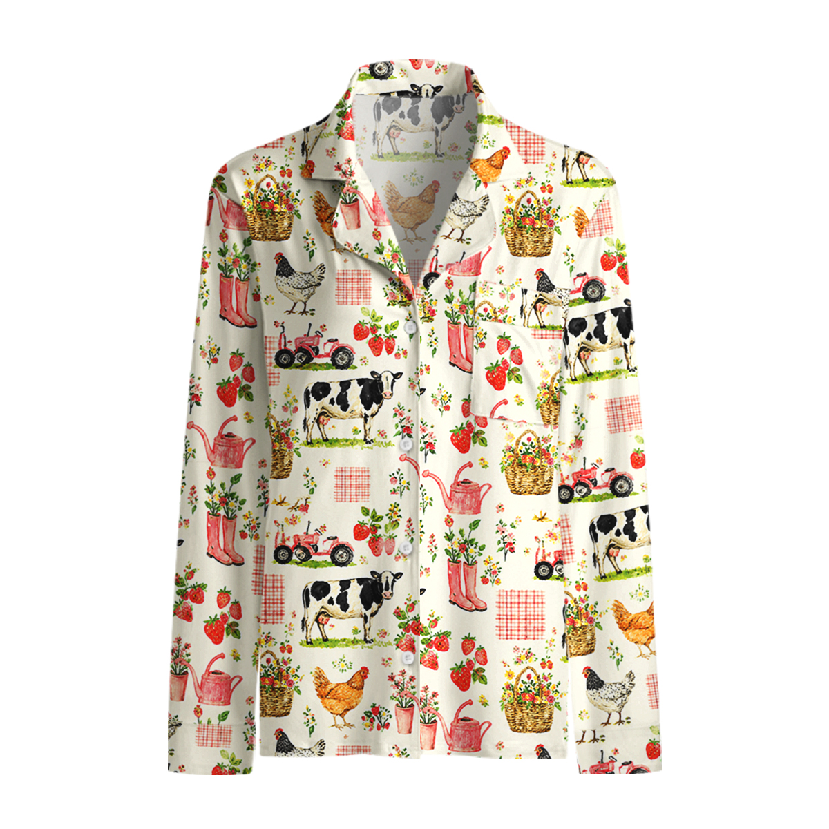Watercolor Pink Farm Chicken Print Long Pajama Set 