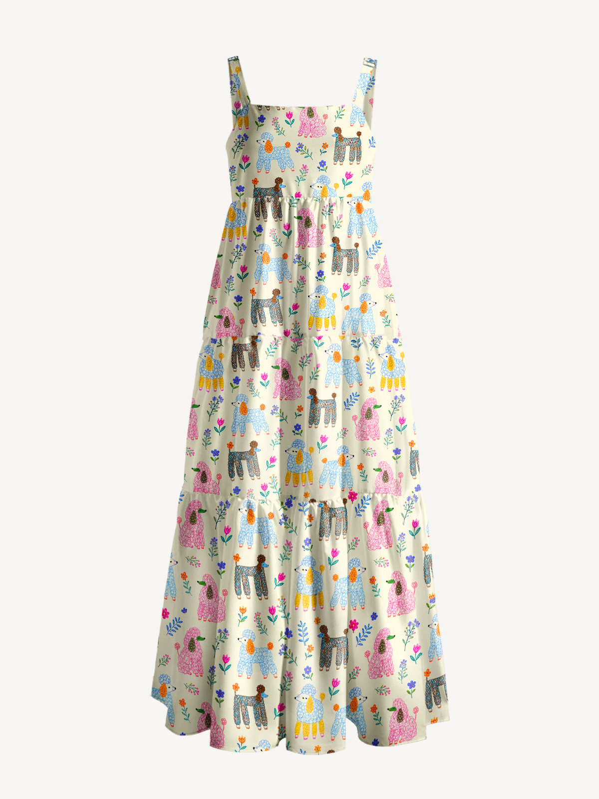 Whimsical Garden Poodles Pattern Print Wide Straps Maxi Dress With Pockets