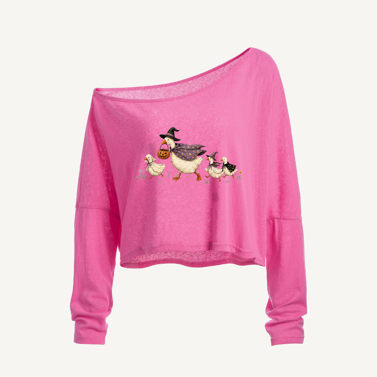Moonlit Pumpkin Goose Parade Long Sleeve Off Shoulder T-shirt